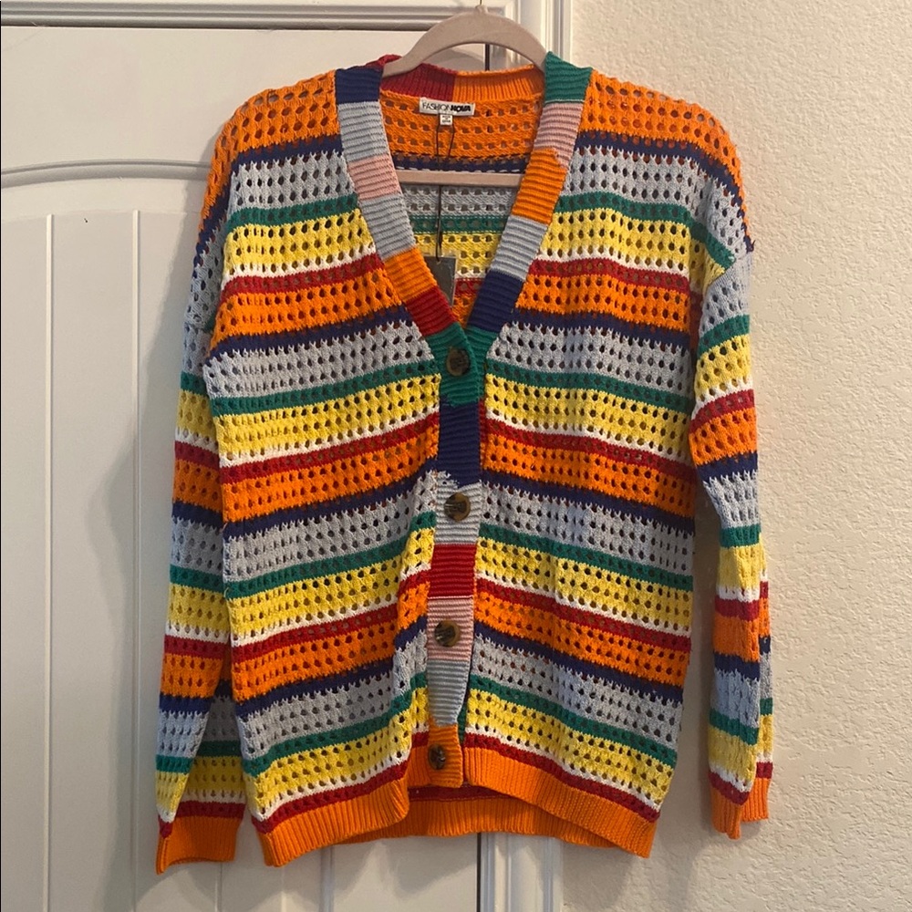 FASHION NOVA Multicolor Standing Out Crochet Cardigan, L NWT